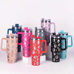 40oz Stainless Steel Tumbler Cat Paw Pattern Handle Portable Thermal Bottle