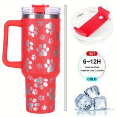 40oz Stainless Steel Tumbler Cat Paw Pattern Handle Portable Thermal Bottle