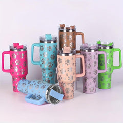40oz Stainless Steel Tumbler Cat Paw Pattern Handle Portable Thermal Bottle