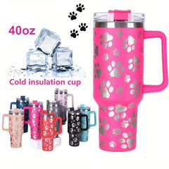 40oz Stainless Steel Tumbler Cat Paw Pattern Handle Portable Thermal Bottle