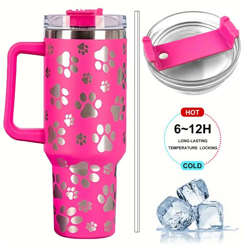 40oz Stainless Steel Tumbler Cat Paw Pattern Handle Portable Thermal Bottle