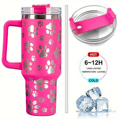 40oz Stainless Steel Tumbler Cat Paw Pattern Handle Portable Thermal Bottle