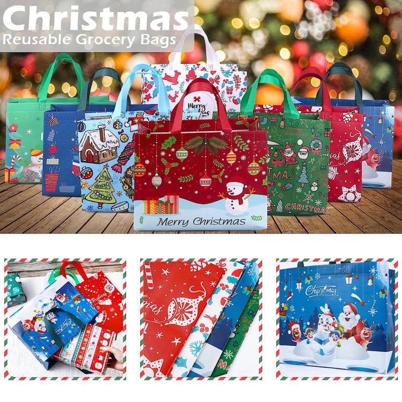 8PCS Christmas Gift Bags Reusable Reinforced Handle Grocery Bags