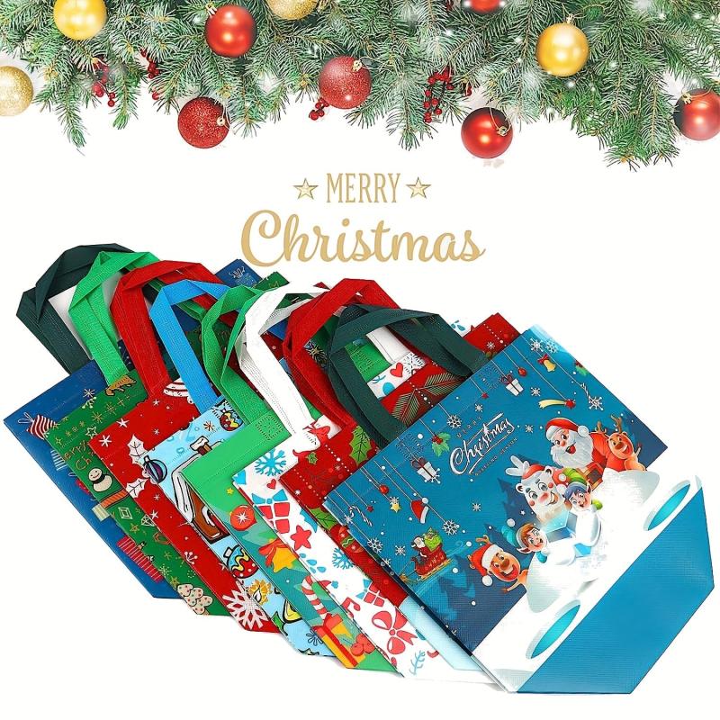8PCS Christmas Gift Bags Reusable Reinforced Handle Grocery Bags