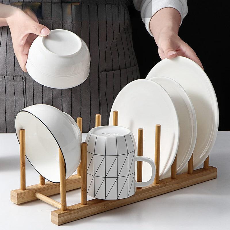Bamboo Cup Holder & Dish Rack Drain Dry Store Plates Kitchen Organizer