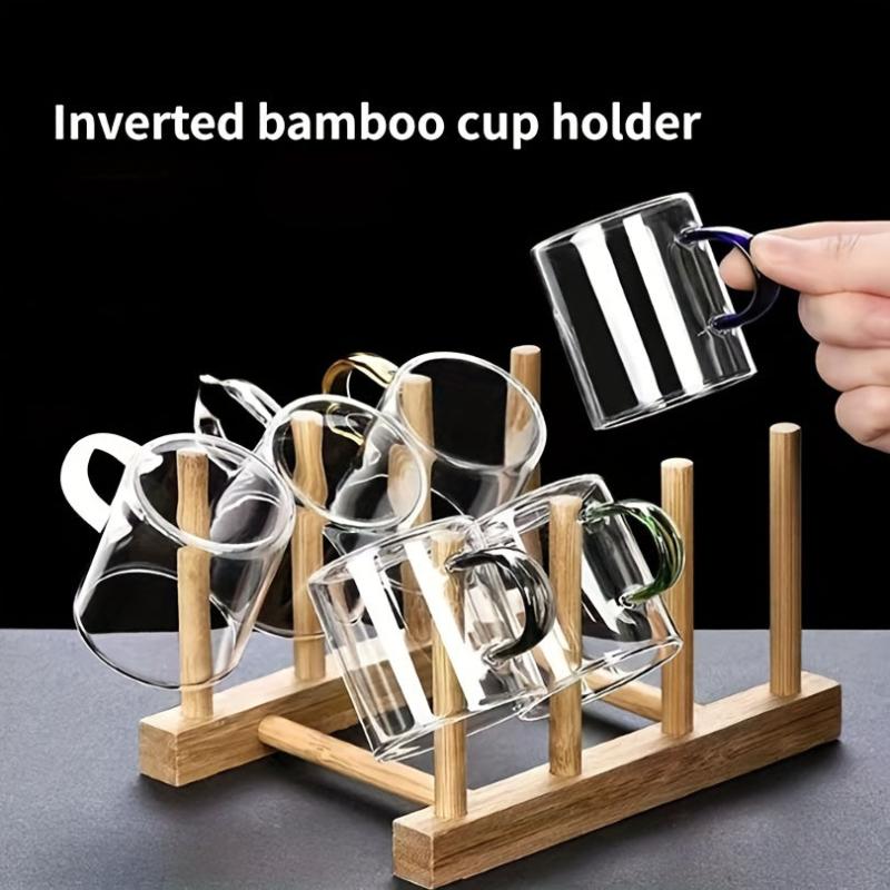 Bamboo Cup Holder & Dish Rack Drain Dry Store Plates Kitchen Organizer