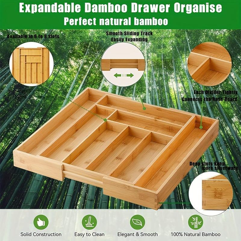 Expandable Bamboo Silverware Organizer Utensil Storage