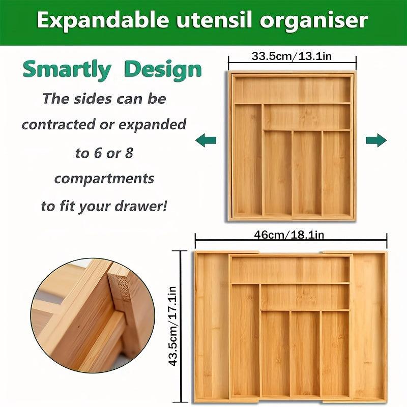 Expandable Bamboo Silverware Organizer Utensil Storage