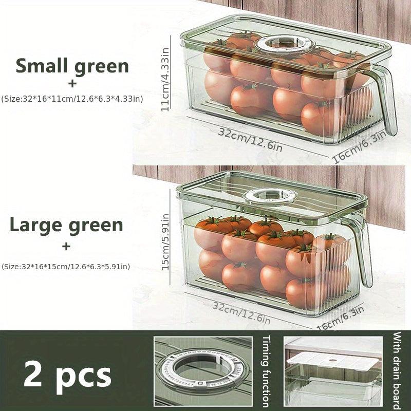 2pcs Horizontal Refrigerator Storage Box w/ Handle and Timer