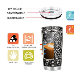 20 Oz Stainless Steel Tumbler with Lid, 3D Skeleton Armor Design
