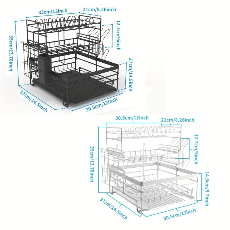 3 Tier Dish Drainer Rack with Drain Board - Kitchen Countertop Organizer