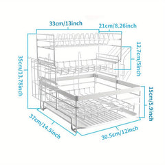 3 Tier Dish Drainer Rack with Drain Board - Kitchen Countertop Organizer