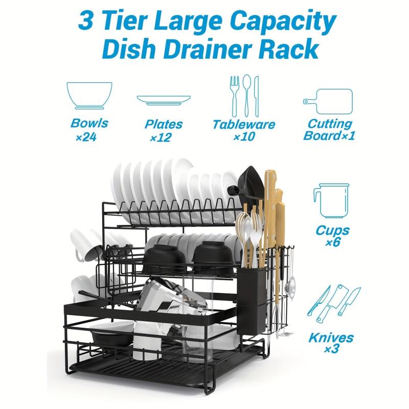 3 Tier Dish Drainer Rack with Drain Board - Kitchen Countertop Organizer