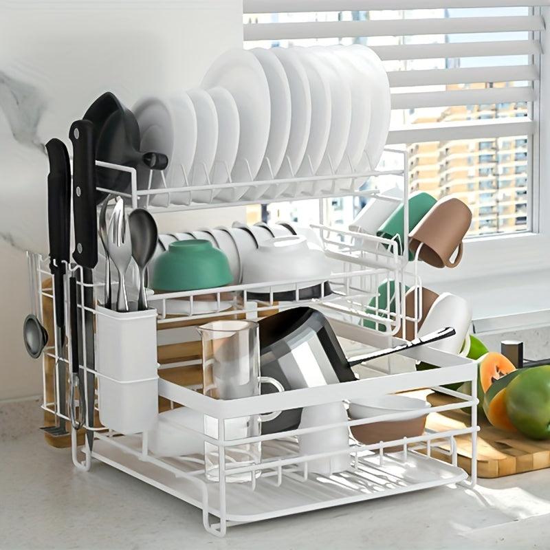 3 Tier Dish Drainer Rack with Drain Board - Kitchen Countertop Organizer