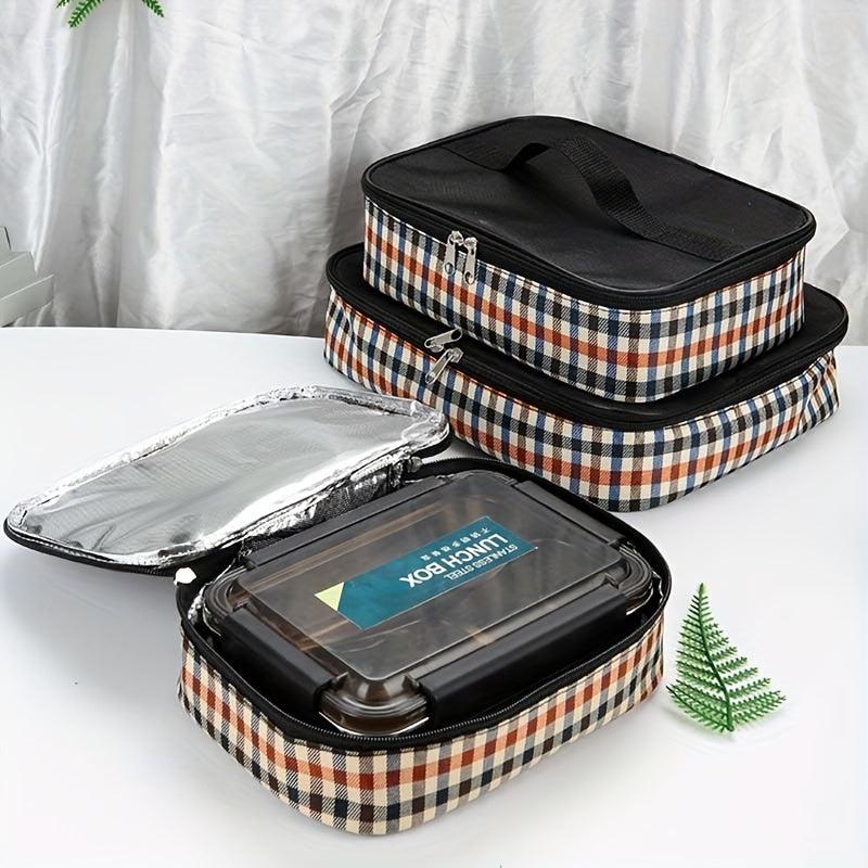 Plaid Insulated Lunch Bag Reusable Aluminum Foil Tote Waterproof Leakproof