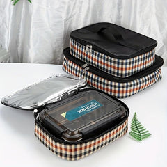 Plaid Insulated Lunch Bag Reusable Aluminum Foil Tote Waterproof Leakproof