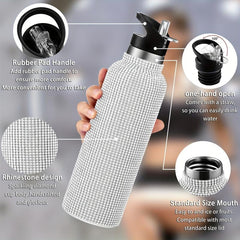 Glitter Diamond Pattern Glass Water Bottle Insulated Cup Reusable Hand Wash Lid
