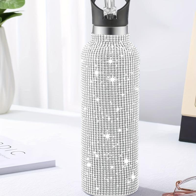 Glitter Diamond Pattern Glass Water Bottle Insulated Cup Reusable Hand Wash Lid