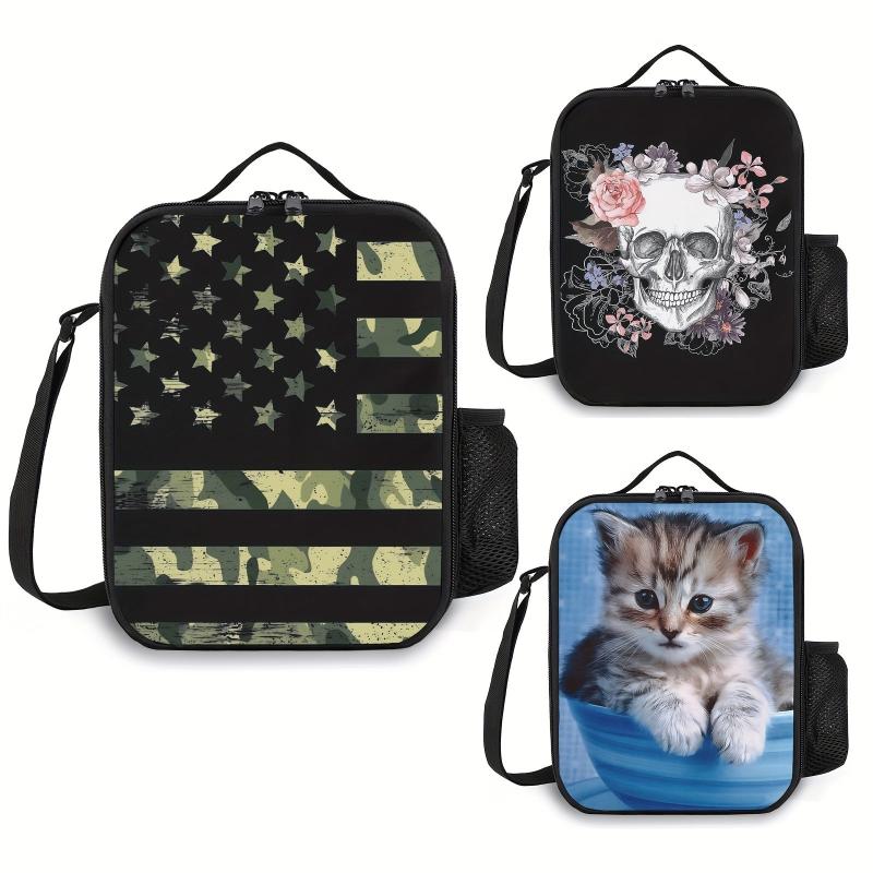 Camouflage Flag Lunch Box Bag Skull Floral Kitten Cat Reusable Lunch Bag Insulat
