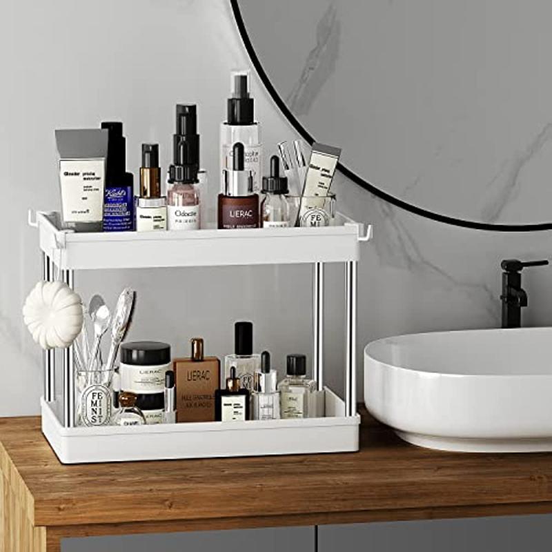 2 Tier Under Sink Organizer Storage Basket with 4 Hooks