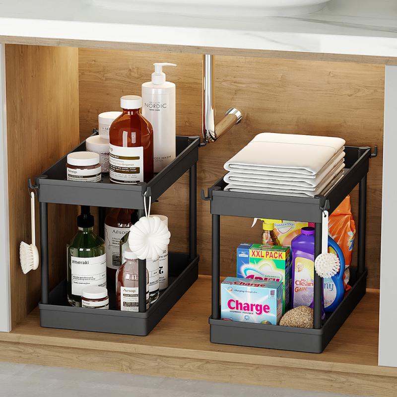 2 Tier Under Sink Organizer Storage Basket with 4 Hooks
