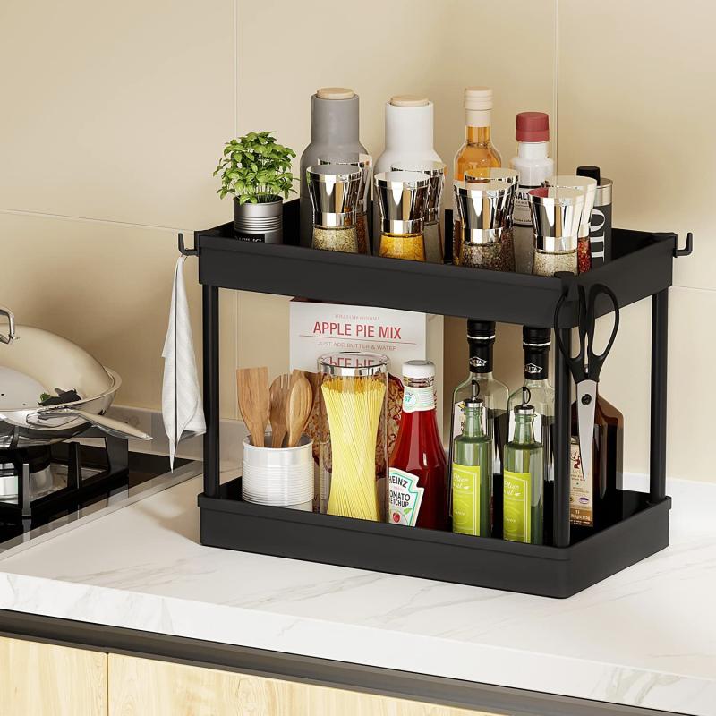 2 Tier Under Sink Organizer Storage Basket with 4 Hooks
