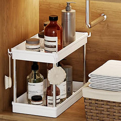 2 Tier Under Sink Organizer Storage Basket with 4 Hooks