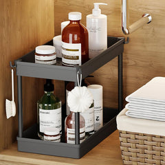 2 Tier Under Sink Organizer Storage Basket with 4 Hooks