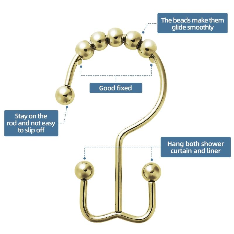 12pcs Golden Shower Curtain Hook Metal Double Sliding Ring Bathroom Supplies