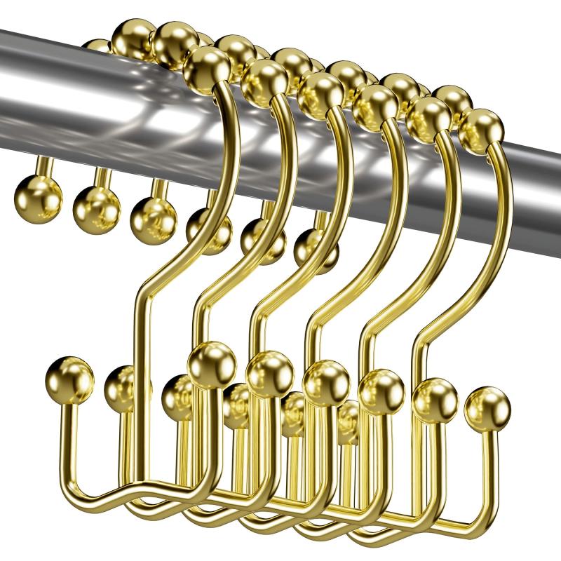 12pcs Golden Shower Curtain Hook Metal Double Sliding Ring Bathroom Supplies