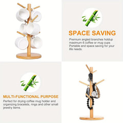 Bamboo Mug Holder with 6 Hooks Countertop Rack Kitchen Organizer