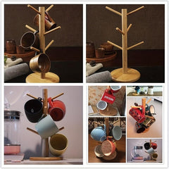Bamboo Mug Holder with 6 Hooks Countertop Rack Kitchen Organizer