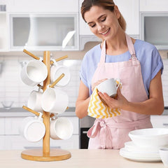 Bamboo Mug Holder with 6 Hooks Countertop Rack Kitchen Organizer
