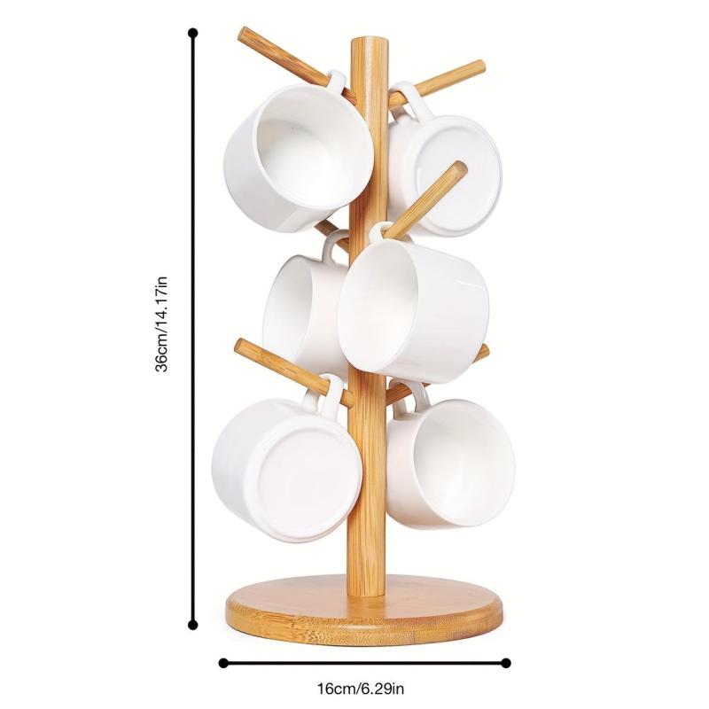 Bamboo Mug Holder with 6 Hooks Countertop Rack Kitchen Organizer