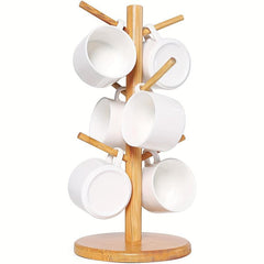Bamboo Mug Holder with 6 Hooks Countertop Rack Kitchen Organizer