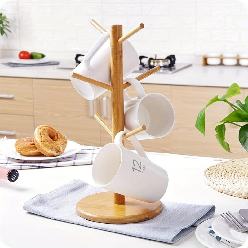 Bamboo Mug Holder with 6 Hooks Countertop Rack Kitchen Organizer