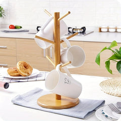Bamboo Mug Holder with 6 Hooks Countertop Rack Kitchen Organizer