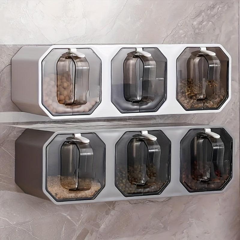 Wall Mounted Seasoning Jar Set with 3 Grid Clear Storage Combo for Kitchen