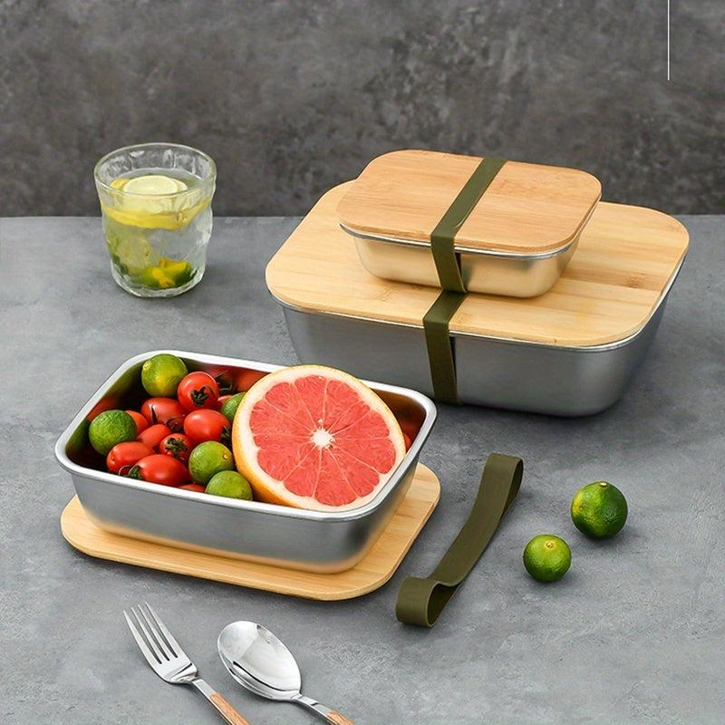 600ml Stainless Steel Square Lunch Box & Bamboo Lid