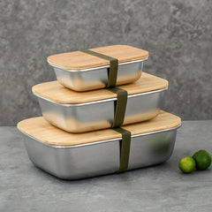 600ml Stainless Steel Square Lunch Box & Bamboo Lid
