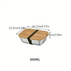 600ml Stainless Steel Square Lunch Box & Bamboo Lid