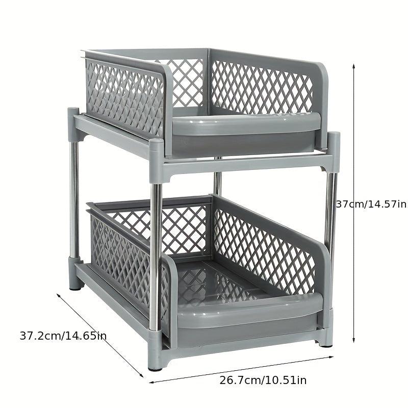 2 Tier Sliding Cabinet Basket Organizer Shelf w/ Pull Out Drawer