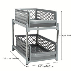 2 Tier Sliding Cabinet Basket Organizer Shelf w/ Pull Out Drawer