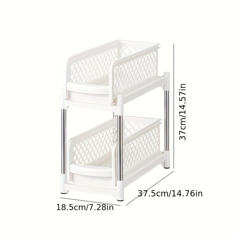 2 Tier Sliding Cabinet Basket Organizer Shelf w/ Pull Out Drawer