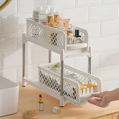 2 Tier Sliding Cabinet Basket Organizer Shelf w/ Pull Out Drawer