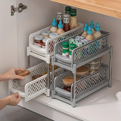 2 Tier Sliding Cabinet Basket Organizer Shelf w/ Pull Out Drawer