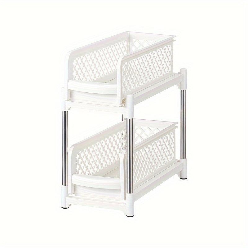 2 Tier Sliding Cabinet Basket Organizer Shelf w/ Pull Out Drawer
