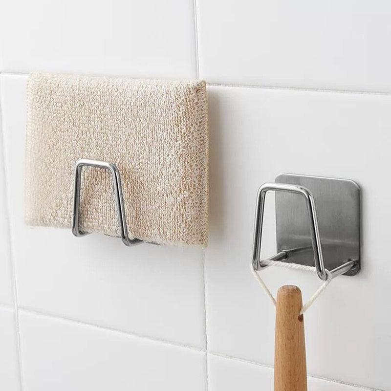 Stainless Steel Sink Sponges Holder Self Adhesive Drying Rack and Wall Hooks