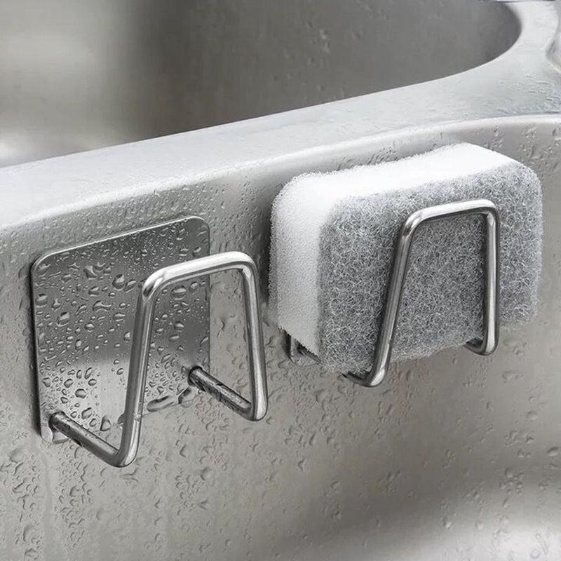 Stainless Steel Sink Sponges Holder Self Adhesive Drying Rack and Wall Hooks