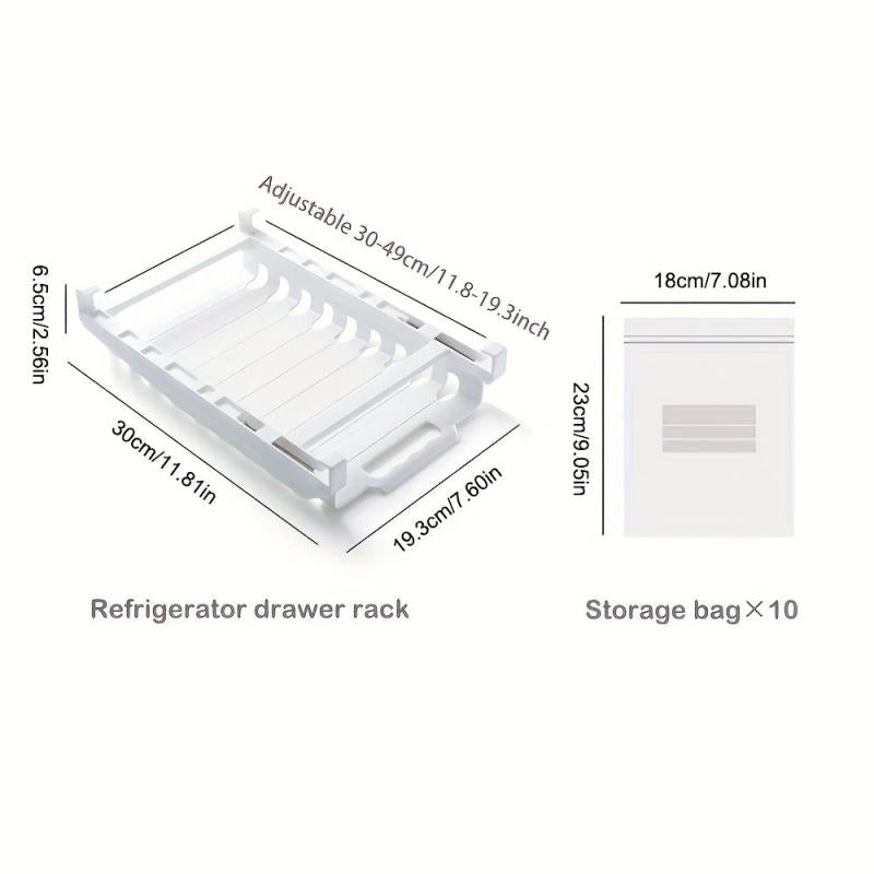 Fridge Drawer Rack & Storage Hanger with 10pcs Food Storage Bags